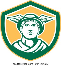 Illustration of Roman god Mercury patron god of financial gain, commerce, communication and travelers wearing winged hat facing front set inside shield crest isolated background done in retro style.