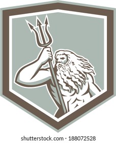 Illustration of Roman god of sea Neptune or Poseidon of Greek mythology holding a trident set inside shield crest on isolated white background.