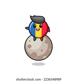 illustration of romania flag badge cartoon sitting on the moon , cute style design for t shirt, sticker, logo element