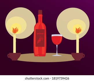 Illustration Of A Romantic Candlelight Dinner With A Bottle Of Wine. Red Wine In A Glass On A Dark Purple Background By Candlelight. Holiday Lights. Vector