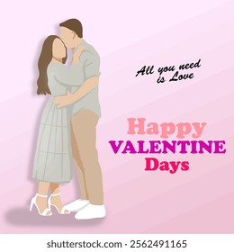 Illustration of a Romantic Couple Embracing on Valentine's Day. Perfect for themes of romance, love, and seasonal holidays.