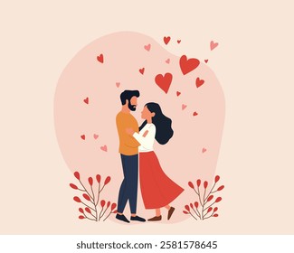 An illustration of a romantic couple embracing surrounded by floating red hearts, symbolizing love, affection, and the celebration of Valentine's Day