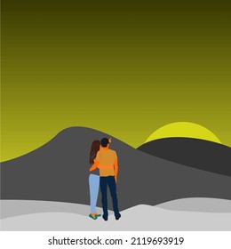 illustration of romantic couple enjoying the sunset at outdoor in the afternoon