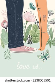 Illustration with romantic couple. Love, love story, relationship. Vector design concept for Valentines Day and other use.