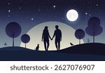 Illustration of romantic couple in moonlight. Background with silhouettes of a loving couple holding hands