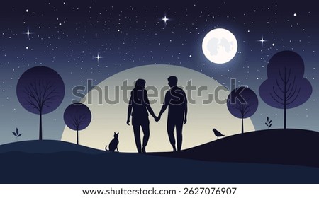 Illustration of romantic couple in moonlight. Background with silhouettes of a loving couple holding hands