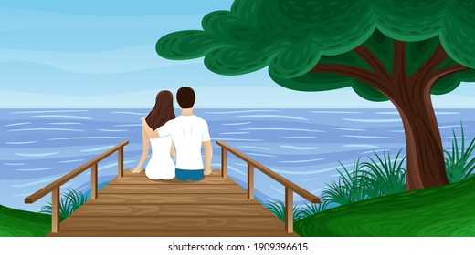 Illustration with a romantic couple sitting on a wooden bridge by the water.