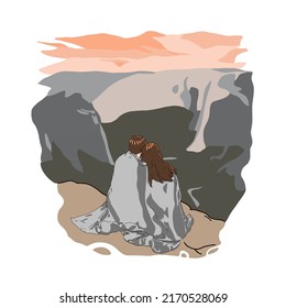 Illustration of Romantic Couple, Romantic Sunset