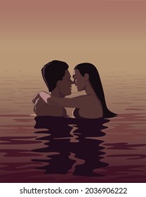 An illustration of a romantic couple in water. Man and a woman is about to kiss in sea at beautiful warm dawn. Vector flat style art
