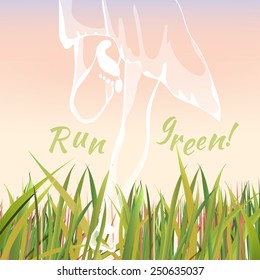 The illustration of romantic ecology concept with running girl silhouette. Vector image.