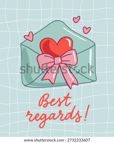 Illustration of romantic envelope and calligraphy text in cartoon style with hearts and bow. Template of greeting card for Valentine's Day or wedding invitation. Elegance vintage lettering illustration. Slogan of Best regards!