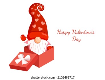 Illustration of a romantic gnome in a gift box for banner, postcard, textiles, decor. Scandinavian nordic gnome, cute elf for valentine's day.