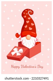 Illustration of a romantic gnome in a gift box for banner, postcard, textiles, decor. Scandinavian nordic gnome, cute elf for valentine's day.