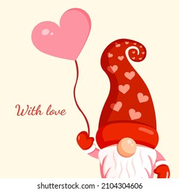 Illustration of a romantic gnome with an inflatable ball for banner, postcard, textiles, decor. Scandinavian nordic gnome, cute elf for valentine's day.
