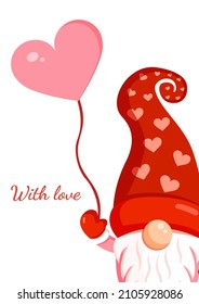 Illustration of a romantic gnome with an inflatable ball for banner, postcard, textiles, decor. Scandinavian nordic gnome, cute elf for valentine's day.
