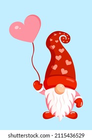 Illustration of a romantic gnome with an inflatable ball for banner, postcard, textiles, decor. Scandinavian nordic gnome, cute elf for valentine's day.