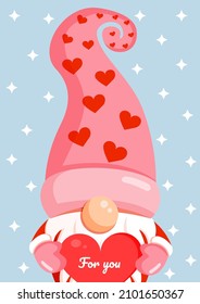 Illustration of a romantic gnome with a red heart in his hands for a banner, postcard, textiles, decor. Scandinavian nordic gnome, cute elf for valentine's day.