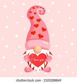 Illustration of a romantic gnome with a red heart in his hands for a banner, postcard, textiles, decor. Scandinavian nordic gnome, cute elf for valentine's day.