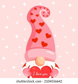 Illustration of a romantic gnome with a red heart in his hands for a banner, postcard, textiles, decor. Scandinavian nordic gnome, cute elf for valentine's day.м