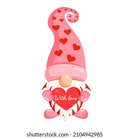 Illustration of a romantic gnome with a red heart in his hands for a banner, postcard, textiles, decor. Scandinavian nordic gnome, cute elf for valentine's day.