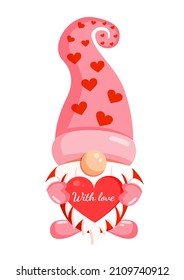 Illustration of a romantic gnome with a red heart in his hands for a banner, postcard, textiles, decor. Scandinavian nordic gnome, cute elf for valentine's day.