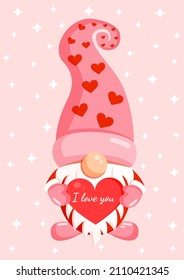 Illustration of a romantic gnome with a red heart in his hands for a banner, postcard, textiles, decor. Scandinavian nordic gnome, cute elf for valentine's day.