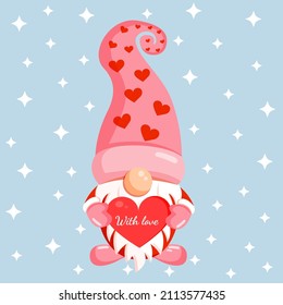 Illustration of a romantic gnome with a red heart in his hands for a banner, postcard, textiles, decor. Scandinavian nordic gnome, cute elf for valentine's day.