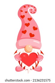 Illustration of a romantic gnome with a red heart in his hands for a banner, postcard, textiles, decor. Scandinavian nordic gnome, cute elf for valentine's day.