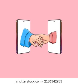 illustration of romantic hand holding on smartphone. handshake.
