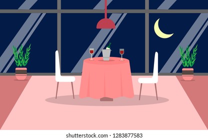 illustration of the romantic interior of the restaurant or the room for dinner in honor of Valentine's Day against a large window overlooking the moon in pink with wine, flowers, glasses