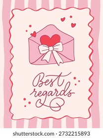 Illustration of romantic paper envelope and calligraphy text in elegance coquette core style with hearts and bow. Template of greeting card for Valentine's Day or wedding invitation.