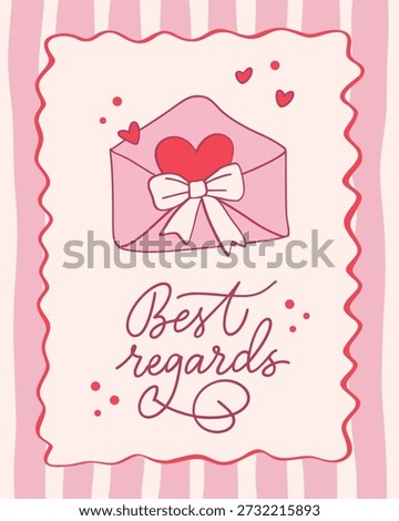 Illustration of romantic paper envelope and calligraphy text in elegance coquette core style with hearts and bow. Template of greeting card for Valentine's Day or wedding invitation.