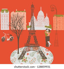 Illustration of romantic scene from Paris, France