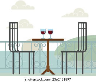 Illustration of romantic scene with two wine glasses on a table overlooking the sea 