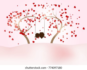 illustration of romantic valentines day with couple owl on swing at tree of love and heart flying vector background 