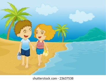 Illustration of a romantic walk on the beach