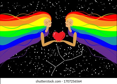 Illustration with romantic women and rainbow hair holding a heart in their hands as a concept of love and tolerance for LGBT people. Badge of the Zodiak Virgo. Astrology. Stars.
