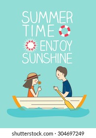 illustration of romantic young couple boating with summer time enjoy sunshine text in background