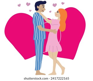 Illustration of a romatic couple, man and woman holding each other. Illustration of a falling in love person cuddling each other, with hearts shape on the background.