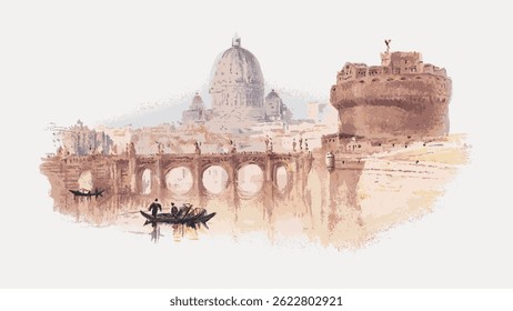 Ilustração do Castelo de Santo Ângelo de Roma e da Basílica de São Pedro. Possui uma ponte e barcos no Rio Tibre. Arquitetura e cenário clássicos romanos. Vetor de ilustração vintage.