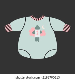Illustration of a romper, bodysuit for boys. Print with spaceship. Fashion for newborn babies.
Hand drawn vector illustration isolated on black background. Childhood, baby store concept.