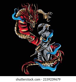 illustration ronin samurai japan with agv helmet and dragon