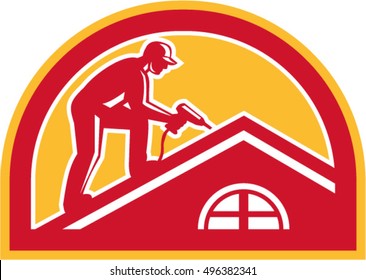 Illustration of a roofer construction worker wearing hat working on roof with hand drill viewed from the side set inside half circle done in retro style. 