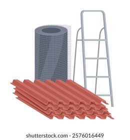 Illustration of roofing materials including laminated sheet steel, mesh roll and heavy duty ladder that are ideal for this type of work and renovation.