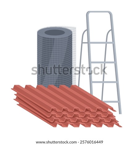 Illustration of roofing materials including laminated sheet steel, mesh roll and heavy duty ladder that are ideal for this type of work and renovation.