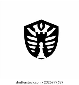 Illustration of rook shield and pawn with abstract rays. Can be used for cyber security application logo.