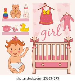 Illustration of room baby girl. Vector