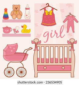 Illustration of room baby girl. Vector