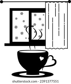 illustration of a room, curtains, a window and a flower pot on a transparent background