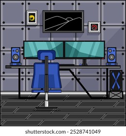 Illustration of a room with a dual monitor PC set up and a pair of speakers and a painting mounted on the wall